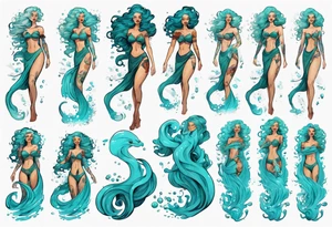 a tall woman made of water with turquoise hair riding the waves tattoo idea