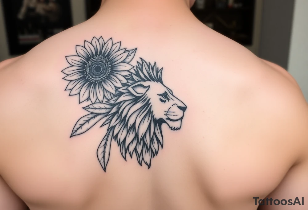 sunflower or multiple sunflowers and lion head profile tattoo idea