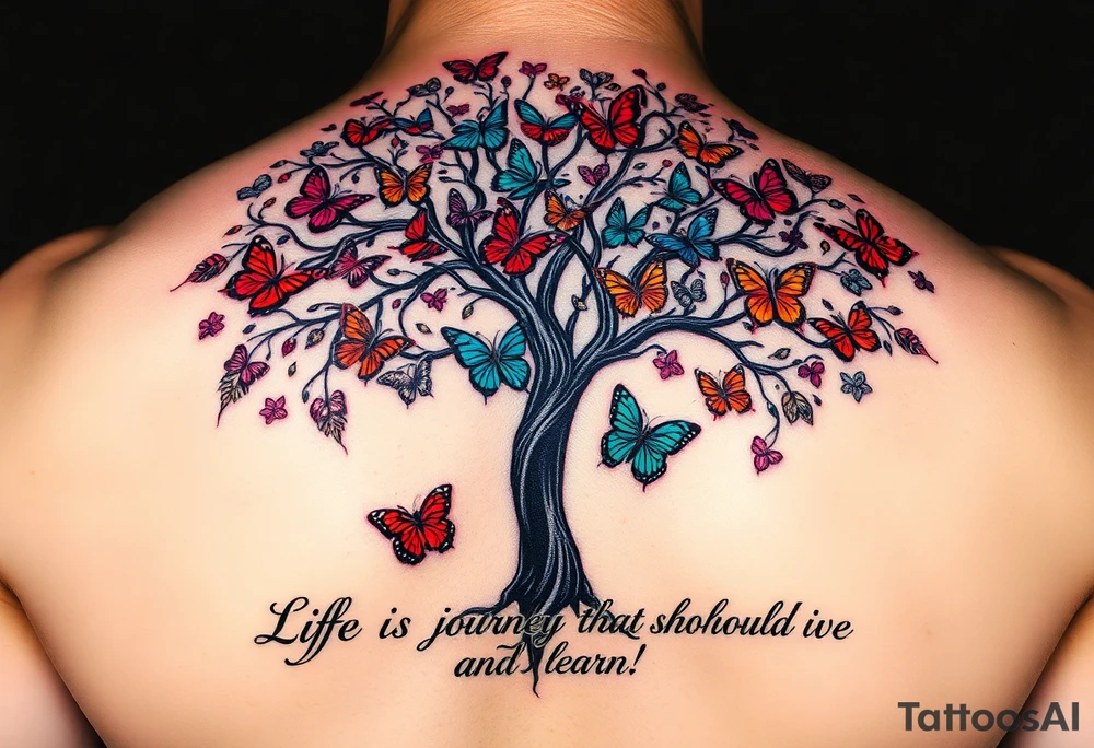 Colorful tree of life with colors purple,red, turquoise,gray , black with 23 beautiful colorful butterflies and the words" Life is a journey that you should live and learn from. tattoo idea