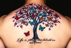 Colorful tree of life with colors purple,red, turquoise,gray , black with 23 beautiful colorful butterflies and the words" Life is a journey that you should live and learn from. tattoo idea