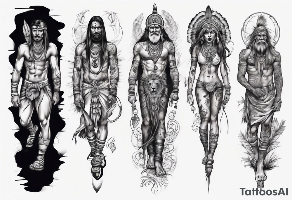 indian realistic leg sleeve with humans and maybe some animals evil looking tattoo idea