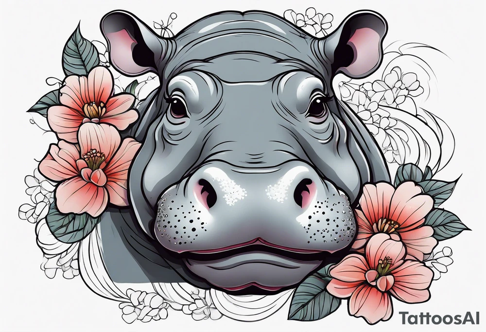 cute realistic hippo with flowers tattoo idea