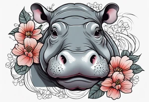 cute realistic hippo with flowers tattoo idea