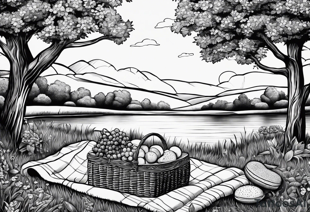 picnic scene in nature with a shecker blanket, a picnic basket and pillows. no food tattoo idea