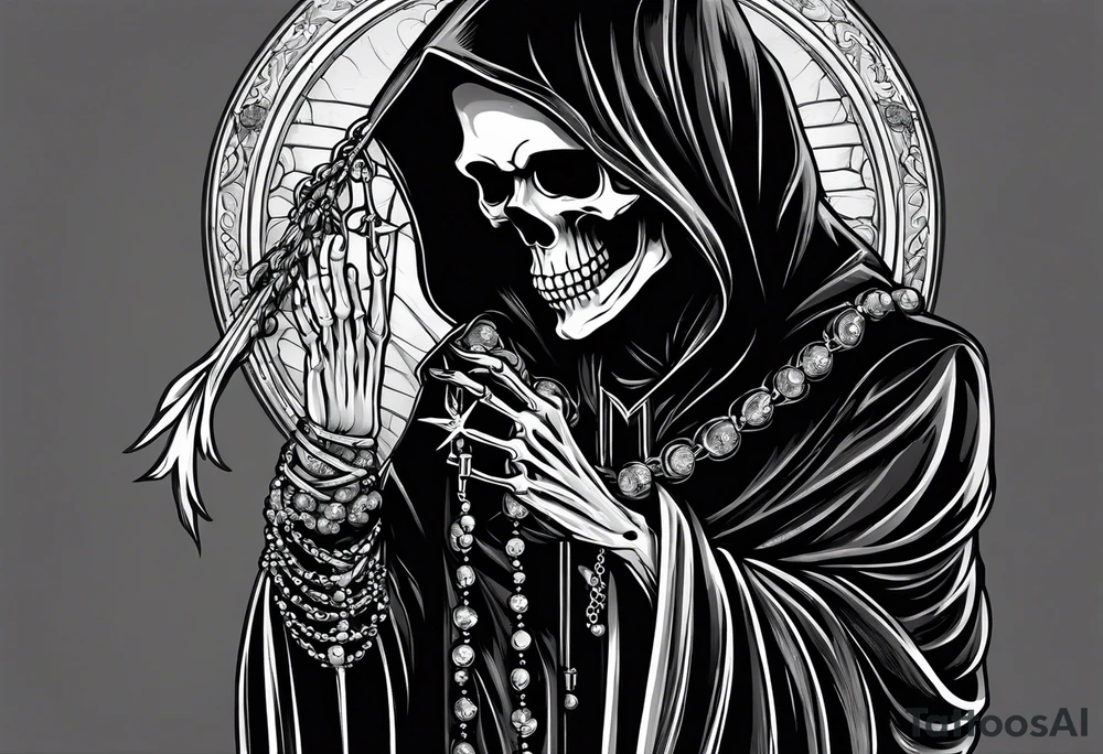 The grim reaper standing from a side profile praying with a rosary wrapped around his hands from a far with skeleton hands tattoo idea