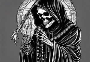 The grim reaper standing from a side profile praying with a rosary wrapped around his hands from a far with skeleton hands tattoo idea