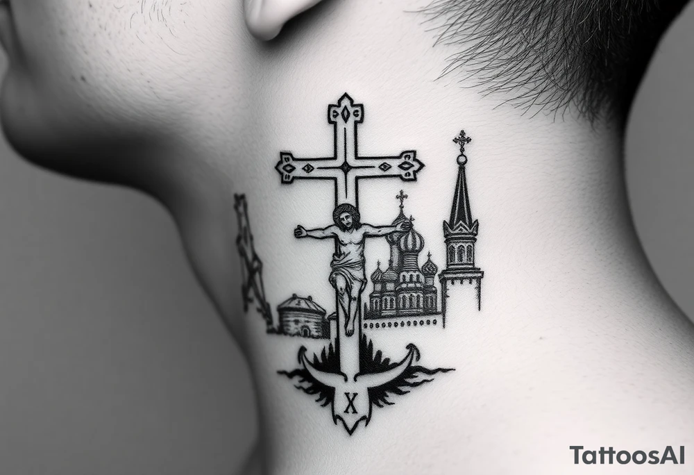 Traditional orthodox ICXC Christian cross with an orthodox Jesus Christ on the cross in a wilderness Russian Kremlin setting tattoo idea