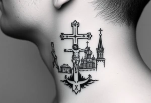 Traditional orthodox ICXC Christian cross with an orthodox Jesus Christ on the cross in a wilderness Russian Kremlin setting tattoo idea