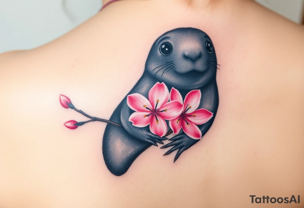 mole holding a delicate pink cherry blossom, with gentle pastel tones and a dreamy aesthetic tattoo idea