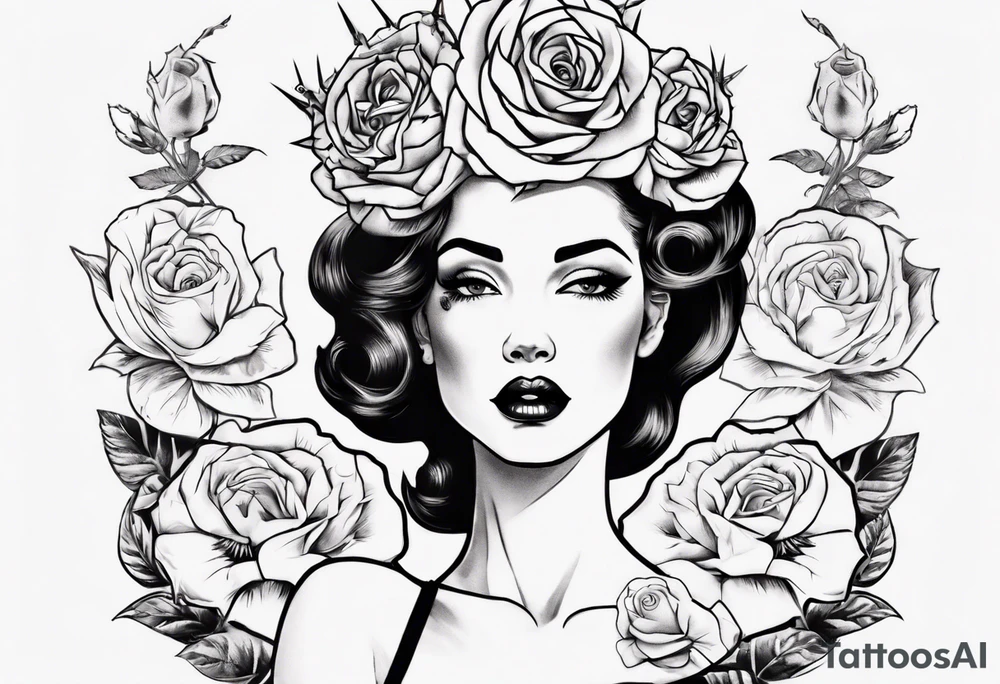 pin-up style queen wearing a crown, surrounded by rose flowers tattoo idea