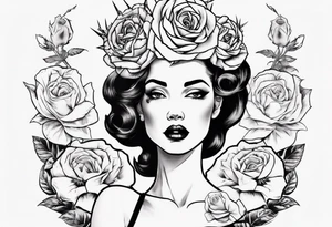 pin-up style queen wearing a crown, surrounded by rose flowers tattoo idea