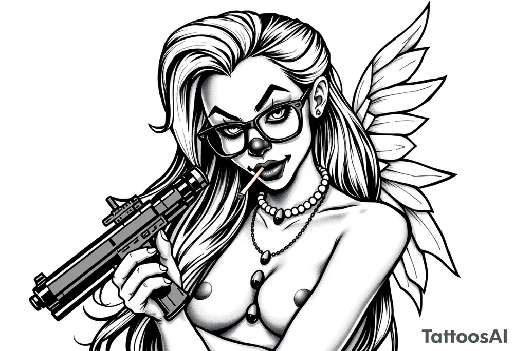 beautiful long hair Clown Girl thug eyeglasses fairy wings smoking a cigarette holding a gun naked tattoo idea