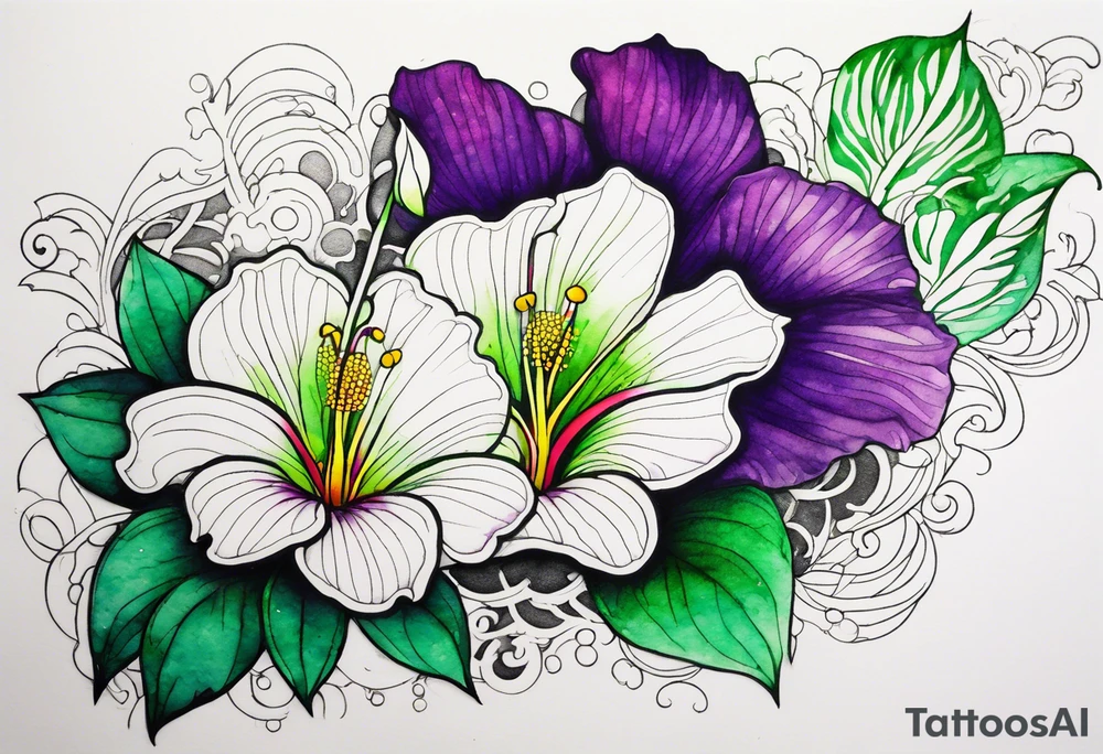 A mystical outline of a rio dipladenia flower and a green/purple watercolor splash in the background tattoo idea
