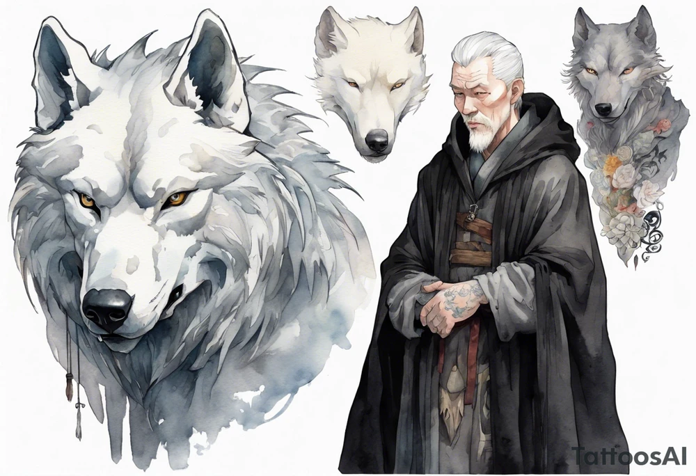 a white-skinned medieval man with grey hair, grey eyes, and a black cloak standing beside a massive albino wolf tattoo idea
