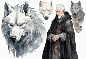 a white-skinned medieval man with grey hair, grey eyes, and a black cloak standing beside a massive albino wolf tattoo idea