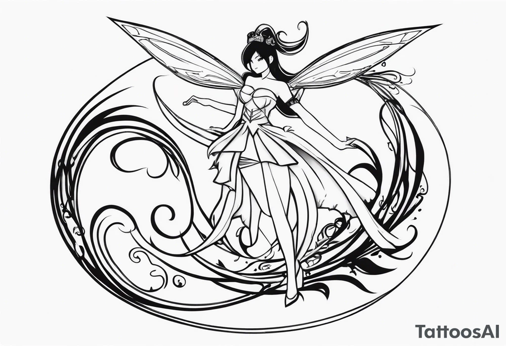 A fairy with a tail inspired by the logo of the show called Fairy Tail leaning in with her body tattoo idea