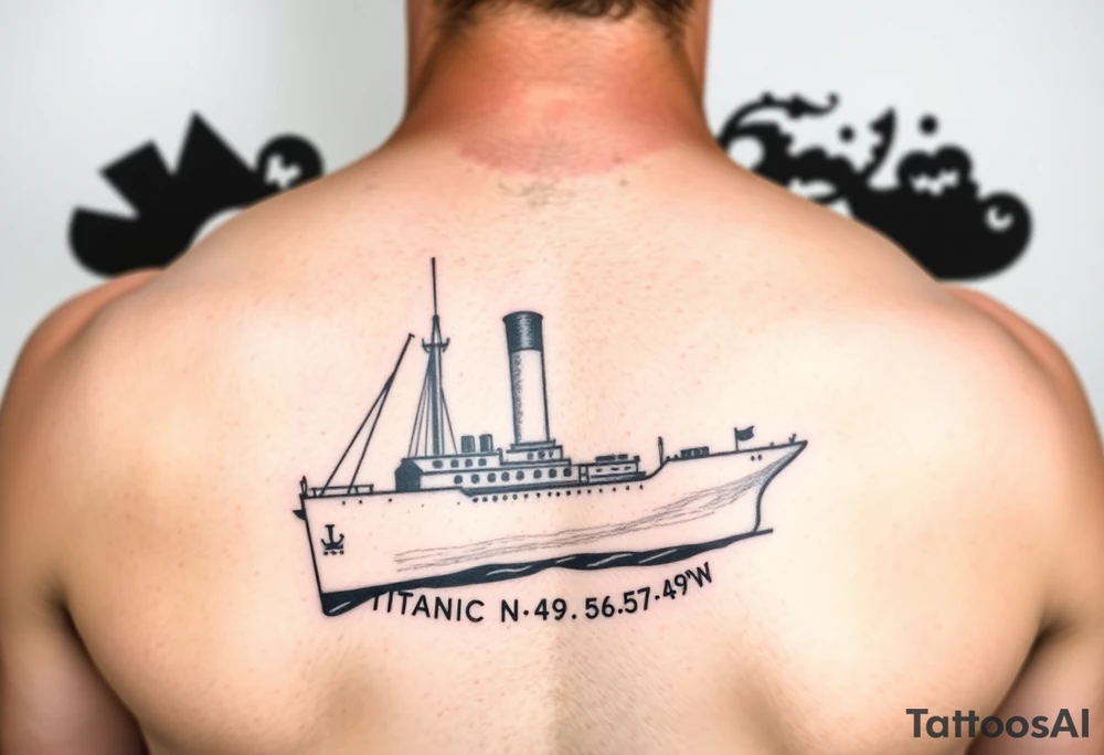 Ship image of Titanic with coordinates 41 43' 57" N 49 56' 49" W around the ship tattoo idea