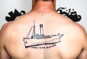 Ship image of Titanic with coordinates 41 43' 57" N 49 56' 49" W around the ship tattoo idea