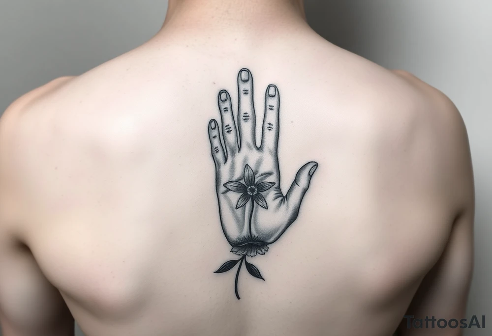 Baby hand print, Freya, 25.07.2024, larkspur flower tattoo idea