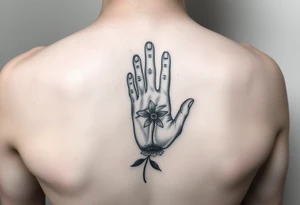 Baby hand print, Freya, 25.07.2024, larkspur flower tattoo idea