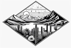 Arizona desert with lakes and mountains over cactus all in the shape of a diamond tattoo idea