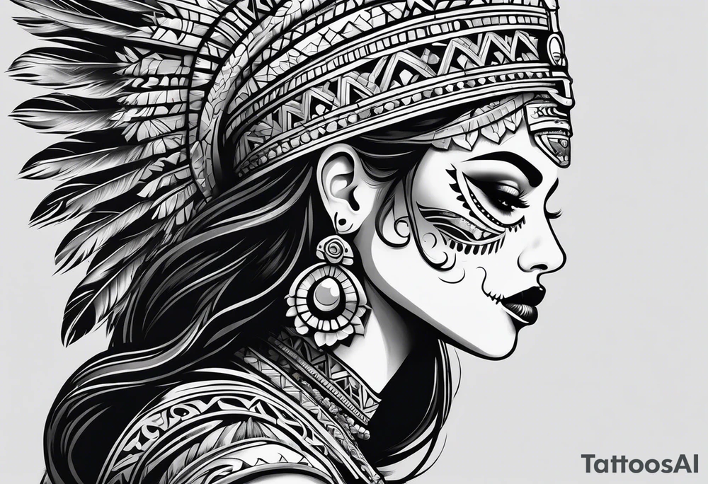 Aztec princess side profile day of the dead tattoo idea