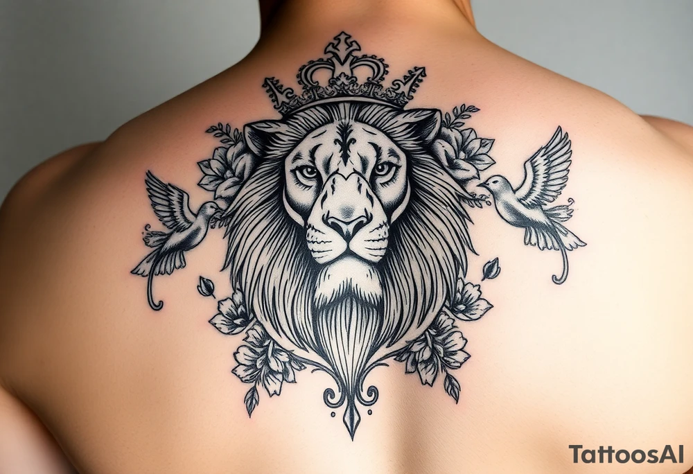 powerful majestic lion with a crown, surrounded by floral ornaments and birds tattoo idea