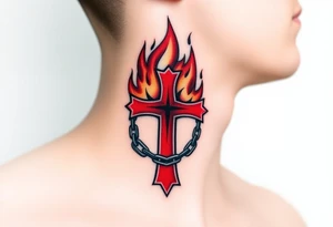 A red Maltese cross engulfed in flames, with iron chains wrapped around it, symbolizing resilience and unbreakable faith tattoo idea