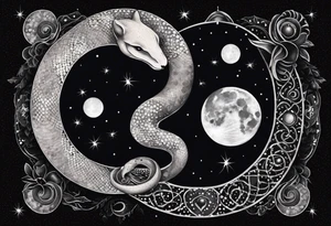 Yin and yang Snakes wrapping around the moon phases and hades and Persephone constellations tattoo idea