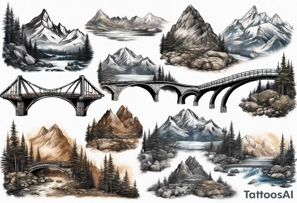 mountain landscape with a bridge connecting mountains tattoo idea