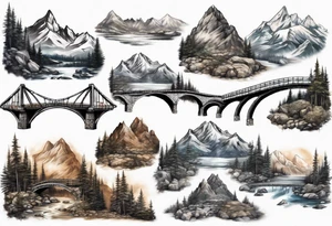 mountain landscape with a bridge connecting mountains tattoo idea