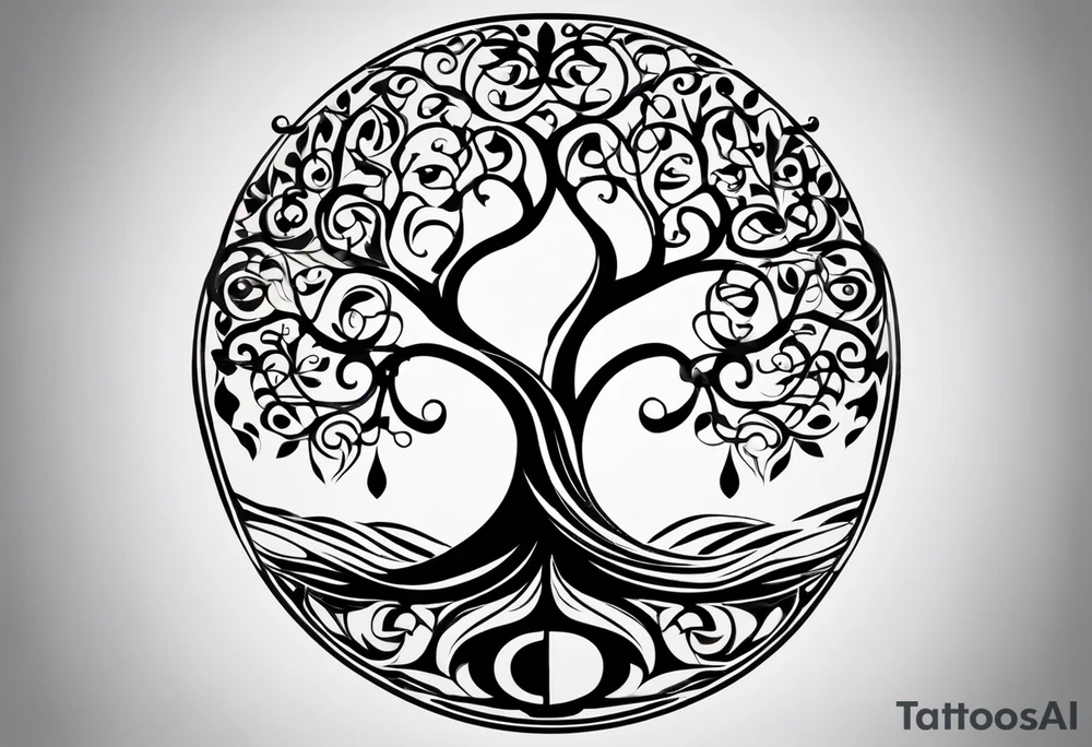 A tattoo design that incorporates the following elements: an abstract tree of life that has roots emerging  from the ground. Waves of water wrap around the tree in a non symmetrical design.  Incorporate musical notes into the tree. the letters U and A are overlapping and engraved into the tree. A golf flag incorporated but not prominent tattoo idea
