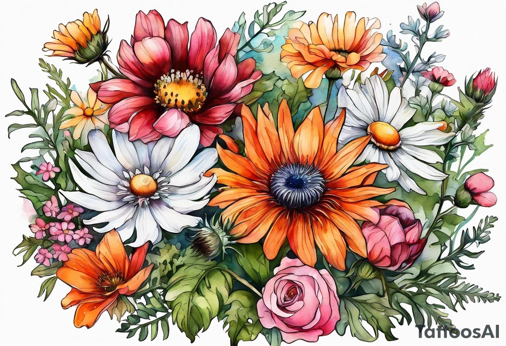 wildflowers cascading with thistles, ferns, white anemones, sun flowers, orange flowers, pink flowers, red flowers, babys breath and daisies all in watercolor tattoo idea
