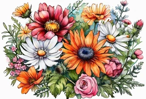 wildflowers cascading with thistles, ferns, white anemones, sun flowers, orange flowers, pink flowers, red flowers, babys breath and daisies all in watercolor tattoo idea