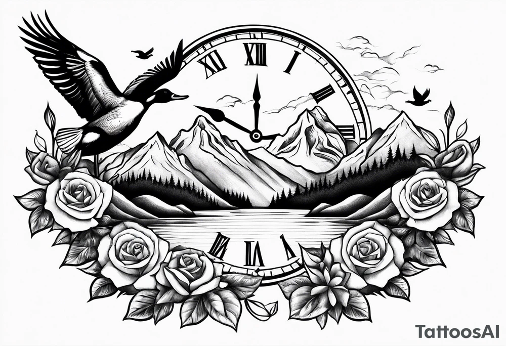 Mountains with clock and ducks flying with roses tattoo idea