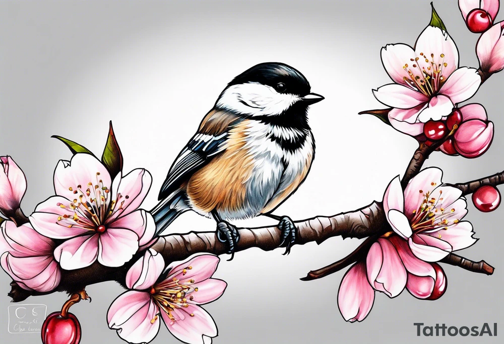 Chickadee on cherry blossom branch tattoo idea