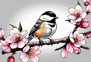 Chickadee on cherry blossom branch tattoo idea