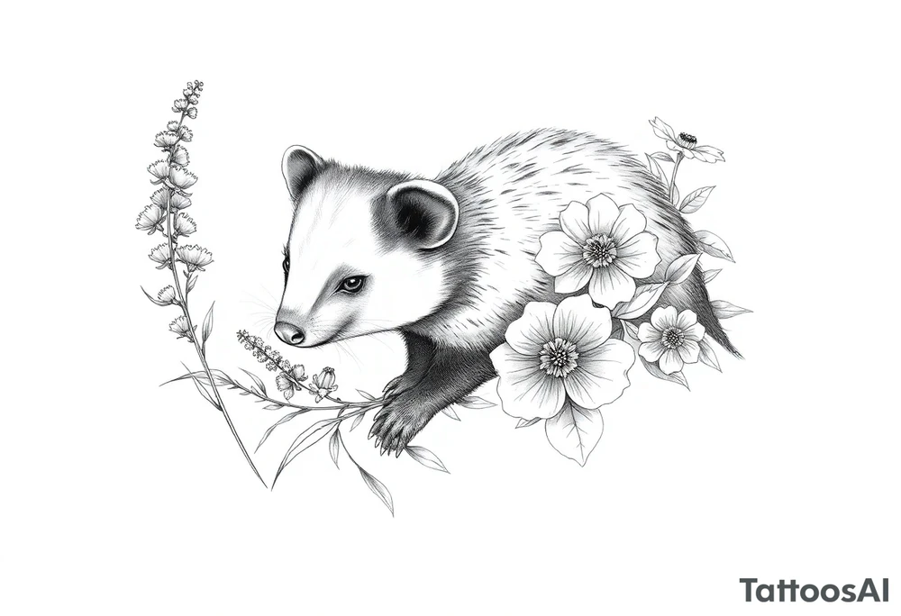 Opossum with lantanas and hellebores tattoo idea