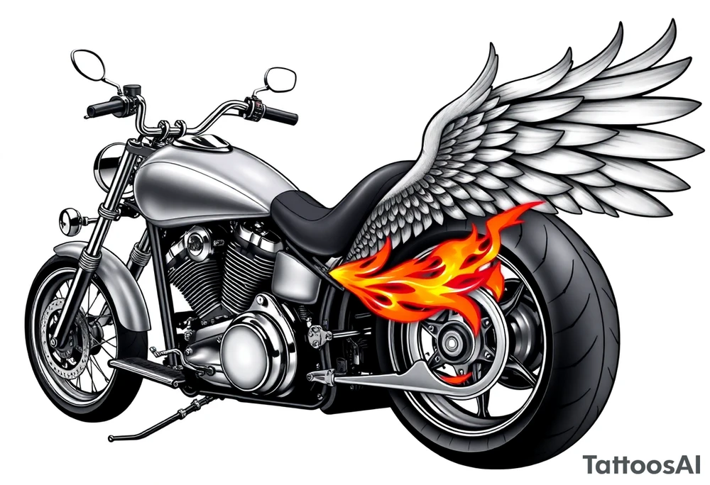 Low rider grey motorcycle, big muffler pipes with flames, angel wings tattoo idea