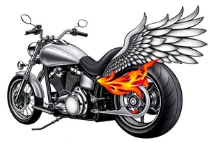 Low rider grey motorcycle, big muffler pipes with flames, angel wings tattoo idea