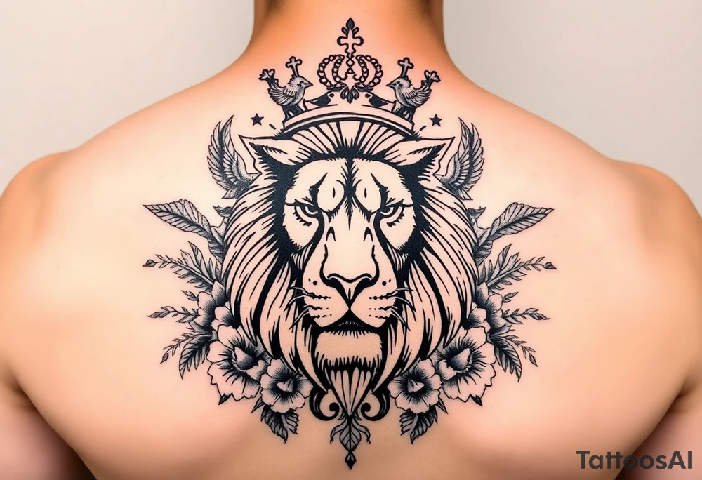 powerful majestic lion with a crown, surrounded by floral ornaments and birds tattoo idea