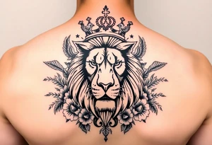 powerful majestic lion with a crown, surrounded by floral ornaments and birds tattoo idea