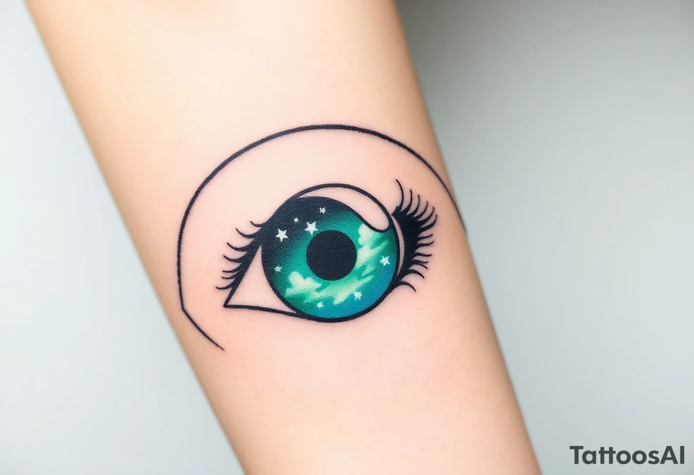 Large almond shaped outline of an eye with an ace of spades eyeball long black eyelashes eyecolored greenish blue vivid colors like green blue purple with a crescent moon stars and clouds inside of the eyeball tattoo idea