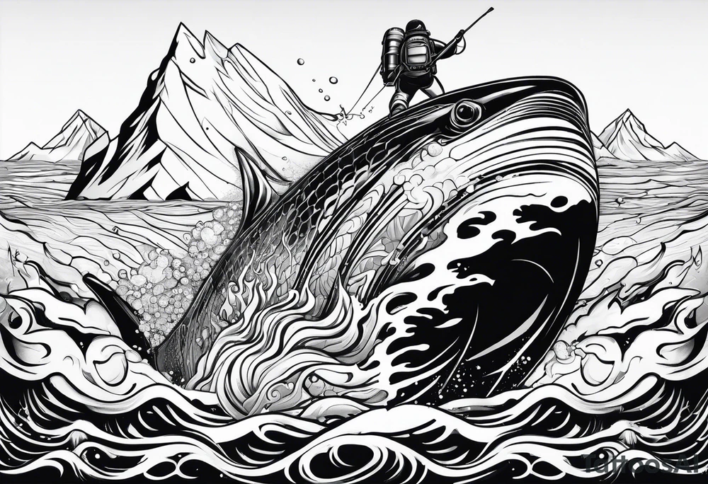 ice berg from underwater with a scubadiver swimming below it tattoo idea