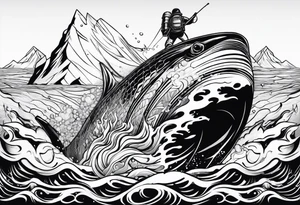 ice berg from underwater with a scubadiver swimming below it tattoo idea