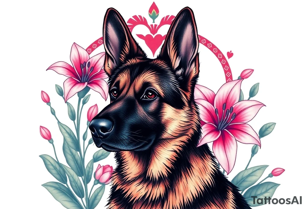 realistic german shepherd with alert ears looking protective surrounded by pink lilies with leaves in front of a sacred heart tattoo idea
