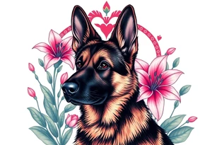 realistic german shepherd with alert ears looking protective surrounded by pink lilies with leaves in front of a sacred heart tattoo idea