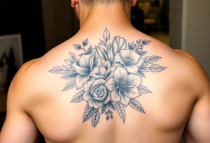 Realistic roses and lilies 
and leaves with embellishments tattoo idea