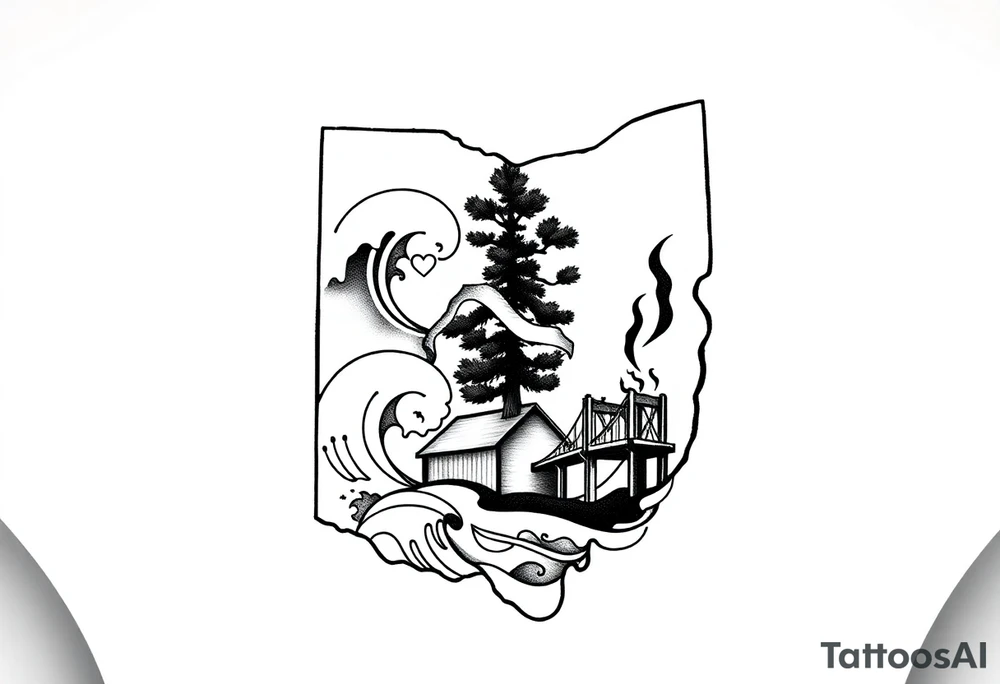 Vertical layout with icons stacked top to bottom:
-Outline of Ohio with a tiny heart/star where cleveland, ohio is, that is wrapped or backed by the Earth symbol from avatar: the last airbender (solid base, mountain-like structure)
-Wave and Piton line art that is surrounded by flowing Air symbol swirls from avatar: the last airbender 
-Barn and pine tree with subtle wedding ring shape in foliage that is embraced by the Water symbol from avatar: the last airbender  (fluid lines, holding it together).
-Stylized Brooklyn Bridge or brownstone silhouette that is rising from or behind the Fire symbol from avatar: the last airbender  (bold flickers around edges). tattoo idea
