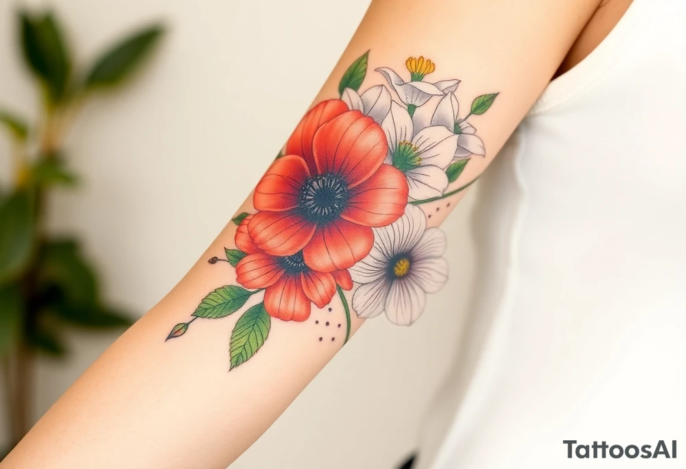 Fore arm tattoo in the neo american traditional style. I want to incorporate a few different flowers: Poppies, Morning Glory, Narcissus with green leaves in the background tattoo idea